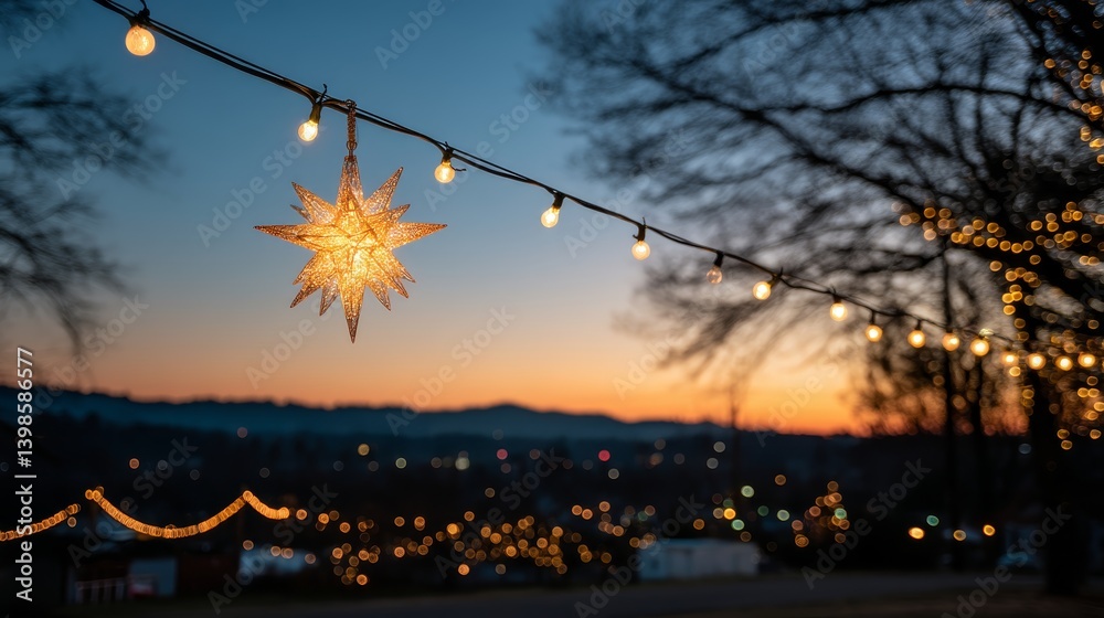 Poster a golden star ornament hangs elegantly against a twilight horizon, adorned with string lights that e