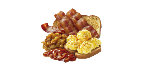 Classic American Breakfast With Bacon, Eggs, Toast, And Hash Browns. Hearty Morning Meal Isolated On Transparent Background