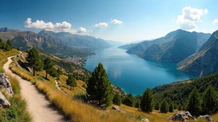 Obraz premium Panoramic view of Chelmos Vouraikos National Park in Greece at midday with hot, sunny summer conditions, capturing the vast greenery.