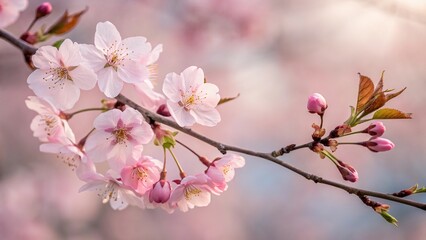 Obraz premium Delicate pink cherry blossoms on a branch in soft focus