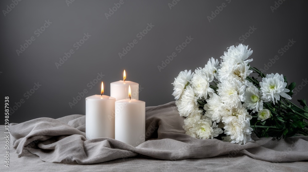 Poster three white pillar candles flicker beside vibrant white chrysanthemums, arranged on a soft grey line