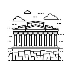 Line Art Illustration of a Classic Greek Temple on a Rocky Cliff with Clouds in the Sky