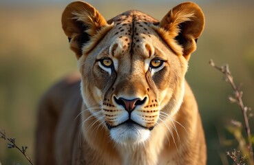 Obraz premium Portrait of African lioness. Big cat, majestic wild animal. Roaming savannah, grasslands. Powerful predator, wild life in Africa. Endangered species, strong fearless feline, nature.