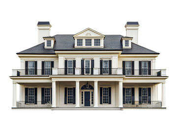 Fototapeta premium a 3d rendering of a classic home with a white facade with columns and a balcony on a transparent background, PNG image, PNG file, Generative art.