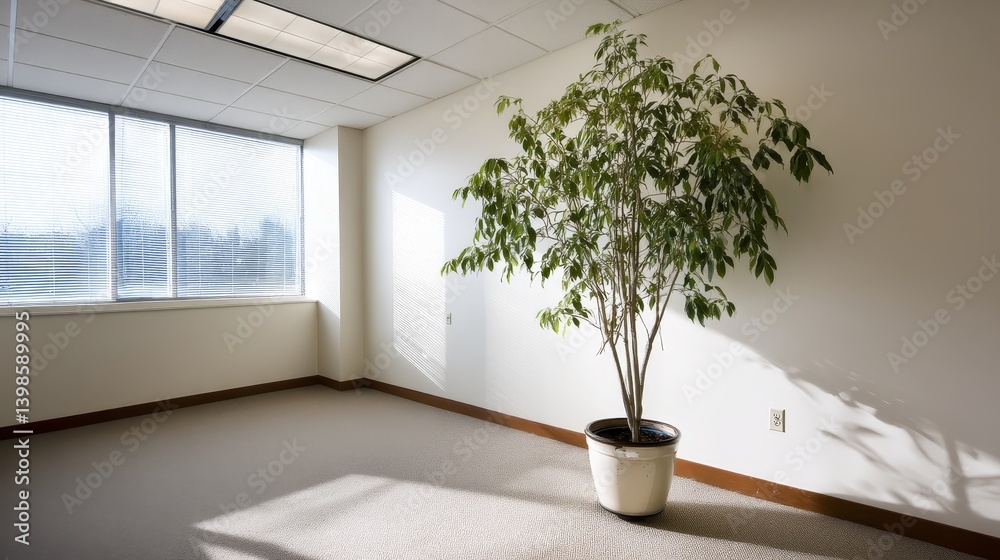 Poster bright, airy office space features a plain white wall with sunlight casting subtle shadows, compleme