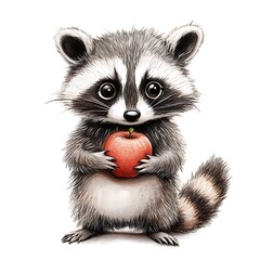 Fluffy raccoon photographed with juicy apple high resolution picture