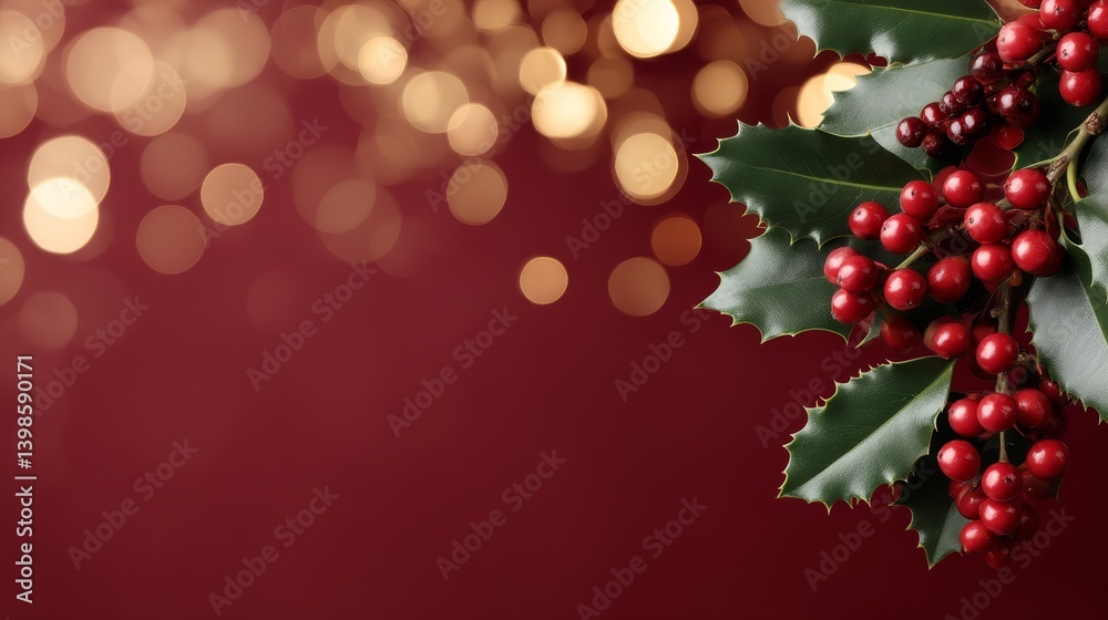 Poster festive design features holly branches with red berries on a crimson background, accented by soft go