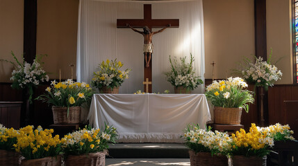 Altar In Church Decorated For Easter