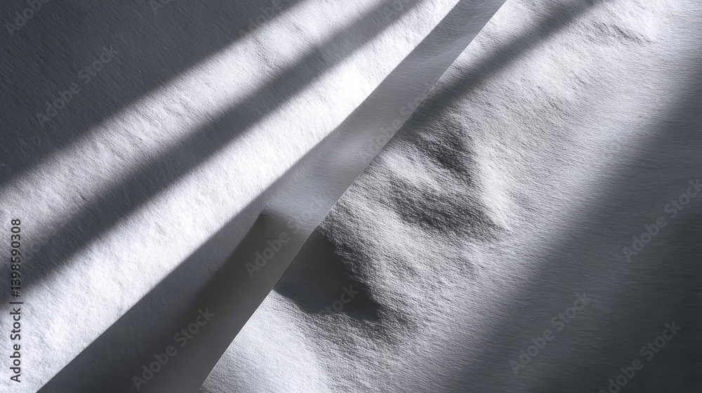 Poster This composition features a textured white paper surface illuminated by indirect light, creating fine shadows for a minimalistic design backdrop with ample copy space