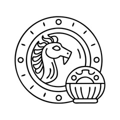 Ancient Greek Mythology Horse Head Shield and Ceremonial Bowl Line Art Illustration