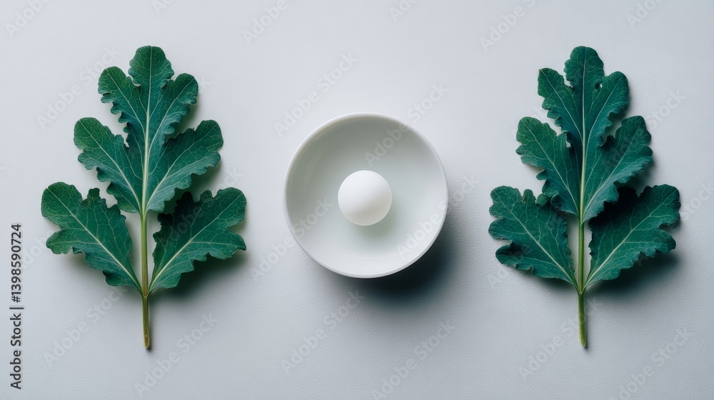 Poster kale leaves fan out on a pristine white backdrop, showcasing their emerald veins next to a delicate 