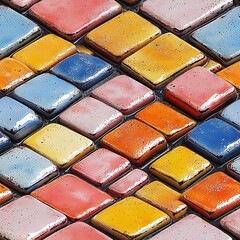 Ceramic tiles, patterned surfaces, vibrant light, tight composition, macro detail.