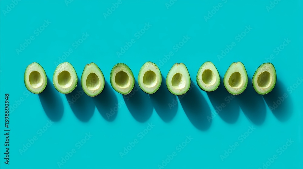 Poster Sliced avocado halves are neatly positioned on a smooth mint-green surface, sprinkled with sesame seeds, creating a minimalist and appetizing presentation