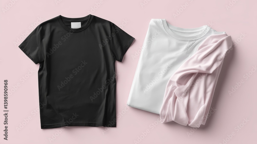 Aufkleber Premium black crewneck tee is displayed flat beside its back view. The arrangement on a pastel pink background showcases neat folding and soft fabric texture