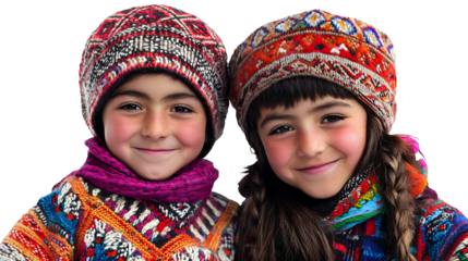 a couple of young children in traditional clothing pose for a portrait on a transparent background, PNG image, PNG file, Generative art.