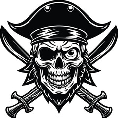 Skull and Cross Swords Black and White Emblem, Pirate Symbol, Sharp Blades