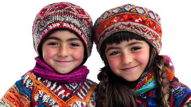 a couple of young children in traditional clothing pose for a portrait on a transparent background, PNG image, PNG file, Generative art.
