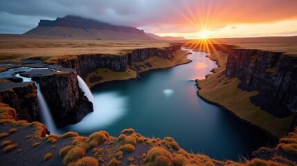 Photo of Asbyrgi Canyon in Iceland at dawn with sunny conditions, shot from an above view.