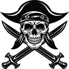 Skull with Cross Swords Monochrome Art, Macabre Dead Skeleton Head Symbol, Isolated Design