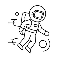 A cartoon astronaut floats through space with a jetpack and two planets nearby
