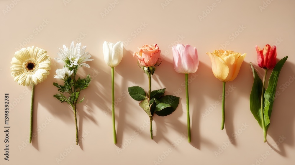 Poster This flat-lay display features an array of colorful flowers including daisies, roses, and tulips arranged on a soft pastel background, with space for additional content