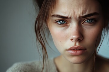 Close up portrait of a young woman with a sad expression, isolated on a grey background