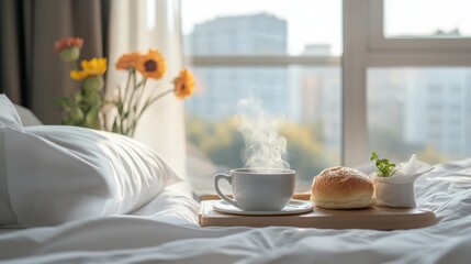 Cozy breakfast scene with steaming coffee and fresh bread on a wooden tray by a sunlit window