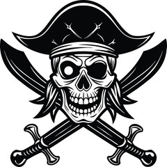 Fototapeta premium Skull with Crossed Swords, Black and White Illustration, Symbol, Icon, Scary Pirate Sign