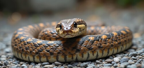 Fototapeta premium Eastern diamondback rattlesnake coils defensively on rocky ground. Venomous reptile with distinctive diamond pattern. Dangerous snake ready to strike in natural habitat, wildlife. Closeup shows