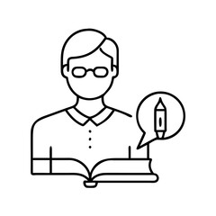 Educator reading a book with a thought bubble showing a pencil, representing teaching and learning