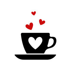 Cup, saucer and hearts icon. Colored silhouette. Front side view. Vector simple flat graphic illustration. Isolated object on white background. Isolate.
