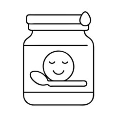 A happy jar of baby food with a spoon a smiling face and a drop of liquid on the lid