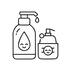 Cute Cartoon Illustration of Liquid Soap and Lotion Bottles with Smiling Droplets