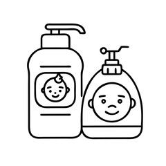 Baby care products bottles with pump dispensers and cute baby faces illustration