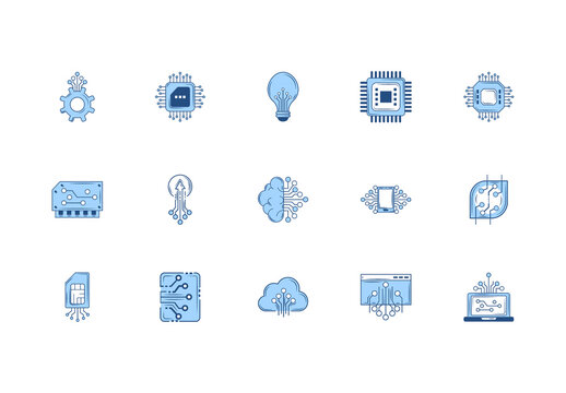 Blue Futuristic Circuit Technology Icons Set