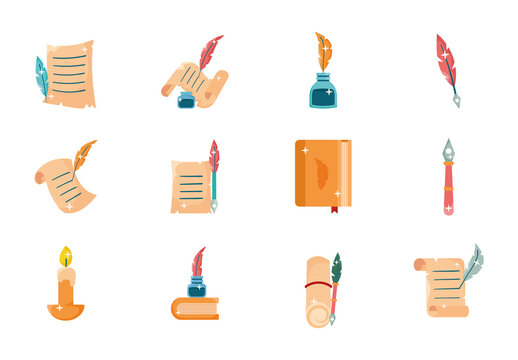 Beige Vintage Literature Tools Icons Set