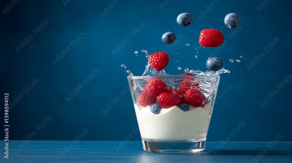 Poster Fresh blueberries and raspberries are captured mid-fall above a glass yogurt parfait, creating a vibrant splash while adding color and texture to the composition