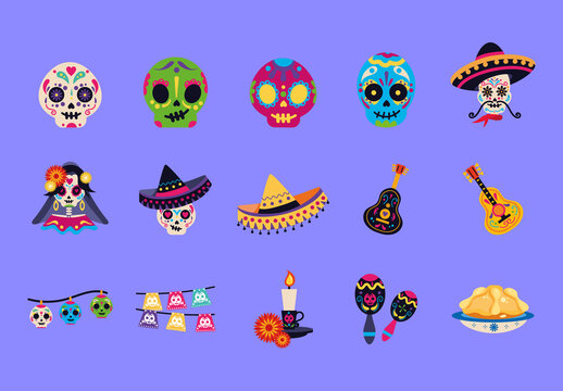 Colorful Mexican Day of the Dead Celebration Icons Set