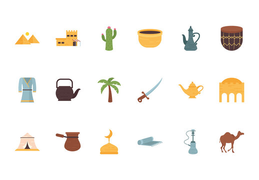 Colorful Middle Eastern Culture Traditional Icons Set