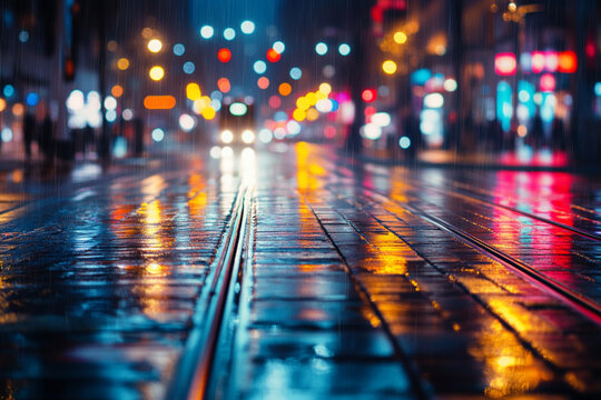 Wet City Street at Night with Tram Tracks and Blurred Lights