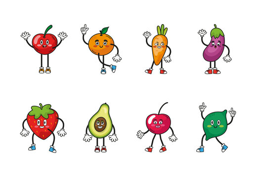Colorful Cute Smiling Fruit Vegetable Cartoon Icons Set