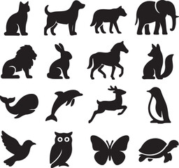 Wild animal and insect silhouette collection on white background