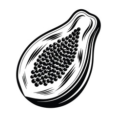 Fototapeta premium Stylized Papaya Half Silhouette, Black Seeds, Tropical Fruit, Detailed Outline, White Backdrop