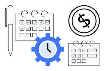 Pen, checkmarked calendars, gear with clock, and dollar sign represent planning, scheduling, and efficiency. Ideal for organization, productivity, finance time tracking workflow business strategy