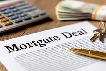 Important mortgage deal paperwork on table with financial tools and keys ready for signing at home office. Real estate mortgage deal paperwork on table alongside a calculator, stacked cash, and keys