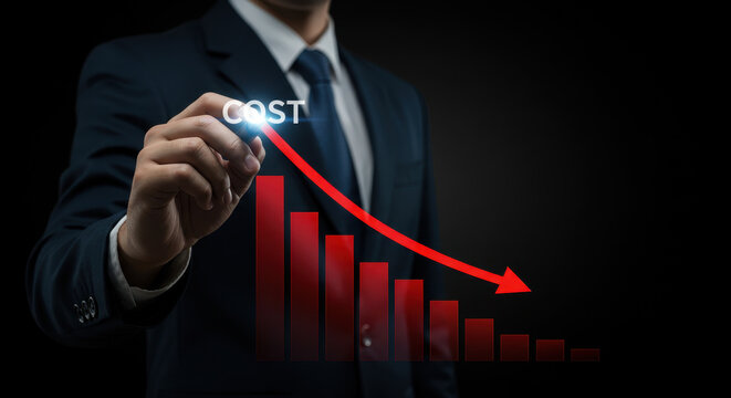 Cost Reduction Strategy: Businessman Visualizing Declining Costs with Graph and Arrow on Dark Background - Business, Finance, Success Concept.