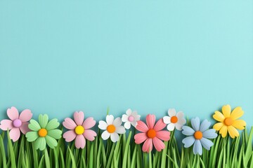 Fototapeta premium Colorful flower arrangement in green grass bright background nature photography spring vibes