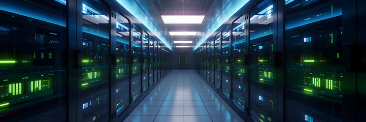 Futuristic Data Center Hallway with Symmetrical Server Racks and Glowing Green LED Indicators in a Sterile Tech Environment