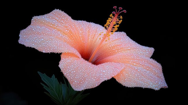 Delicate, peach-colored hibiscus flower with dew drops