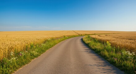 Serene rural landscape with fields of grain and pastures separated by an empty asphalt road against a clear summer sky.